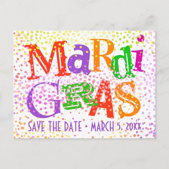 Mardi Gras Colourful Typography Party Invitation Postcard (Front)