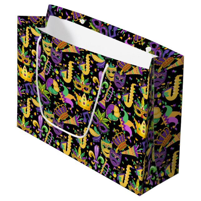 Mardi gras colours Black BG Large Gift Bag (Front Angled)