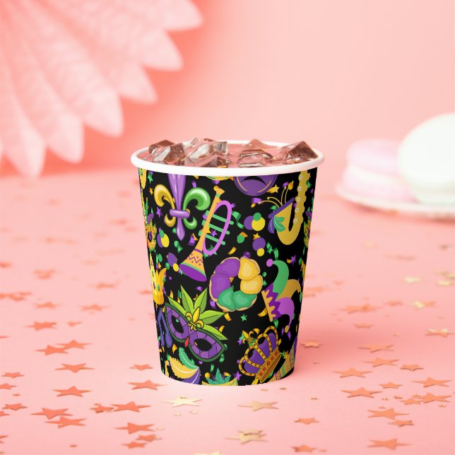 Mardi gras colours Black BG Paper Cups (Insitu)
