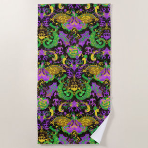 Mardi Gras Colours Damask Dragon, Butterfly, Snake Beach Towel