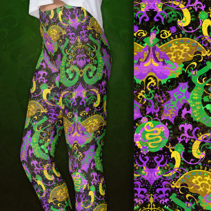 Mardi Gras Colours Damask Dragon, Butterfly, Snake Leggings