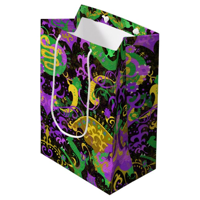 Mardi Gras Colours Damask Dragon, Butterfly, Snake Medium Gift Bag (Front Angled)