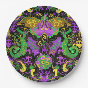 Mardi Gras Colours Damask Dragon, Butterfly, Snake Paper Plate