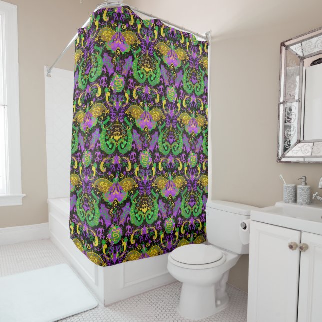 Mardi Gras Colours Damask Dragon, Butterfly, Snake Shower Curtain (In Situ)