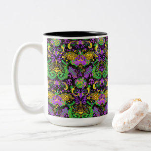 Mardi Gras Colours Damask Dragon, Butterfly, Snake Two-Tone Coffee Mug