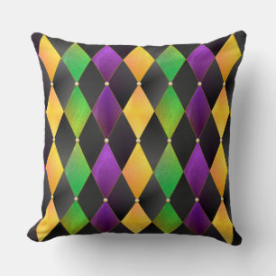Mardi Gras Colours Diamond Harlequin Argyle - Blac Cushion