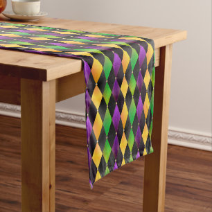 Mardi Gras Colours Diamond Harlequin Argyle - Blac Short Table Runner