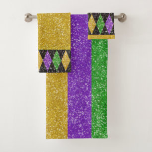 Mardi Gras Colours Glitter Stripe Bling Bath Towel Set