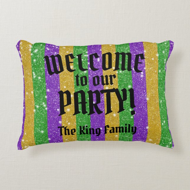 Mardi Gras Colours Glitter Stripe Bling Welcome Decorative Cushion (Front)