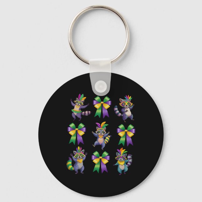 Mardi Gras Coquette Bow Cute Racoon Dancing Trash Key Ring (Front)