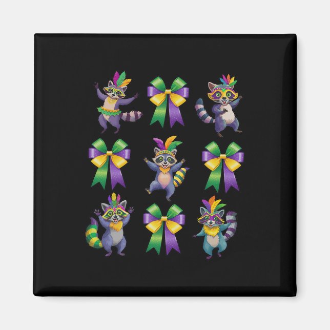 Mardi Gras Coquette Bow Cute Racoon Dancing Trash Magnet (Front)