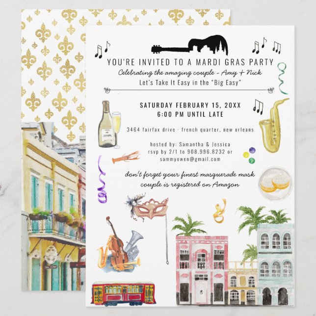Mardi Gras Couple's Shower Invitation (Front/Back)