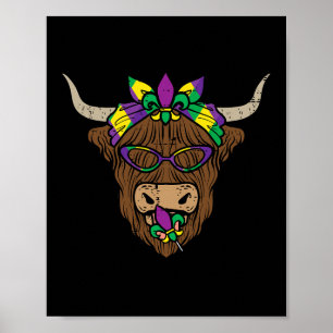 Mardi Gras Cow Face Hiefer Farm Women Girls Kids Poster