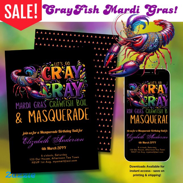 Mardi Gras Crawfish Boil Masquerade Lets Cray Cray Invitation (Creator Uploaded)