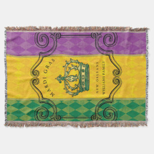 Mardi Gras Crown Family Name Throw Blanket
