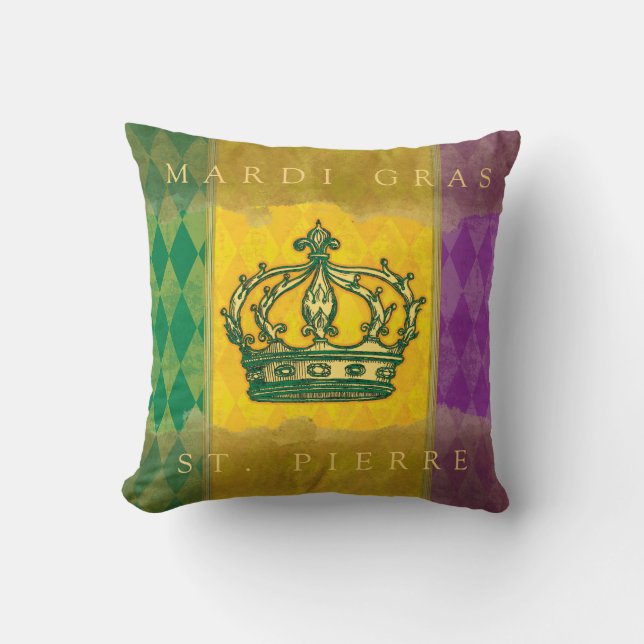 Mardi Gras Crown Purple Gold Family Name Monogram Cushion (Front)