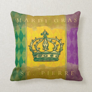 Mardi Gras Crown Purple Gold Family Name Monogram Cushion