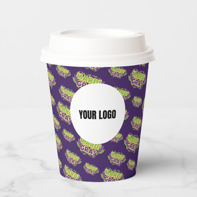 Mardi Gras Custom Logo Business Purple Green Paper Cups (Front)