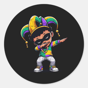 Mardi Gras Dabbing Boy Black Funny Outfit Jester H Classic Round Sticker