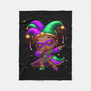 Mardi Gras Dabbing Cute Black Girl Jester Hat Wome Fleece Blanket