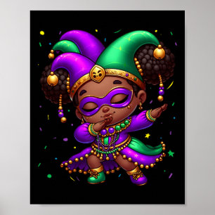 Mardi Gras Dabbing Cute Black Girl Jester Hat Wome Poster