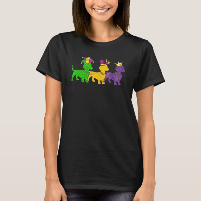 Mardi Gras Dachshund Beads Festival Jester Hat T-Shirt (Front)