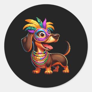 Mardi Gras Dachshund Wearing Mardi Gras Costume Be Classic Round Sticker