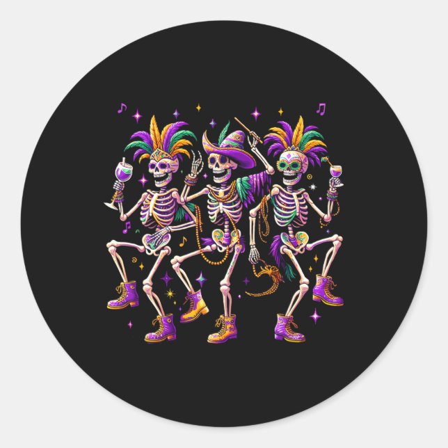 Mardi Gras Dancing Skeleton Funny  Classic Round Sticker (Front)