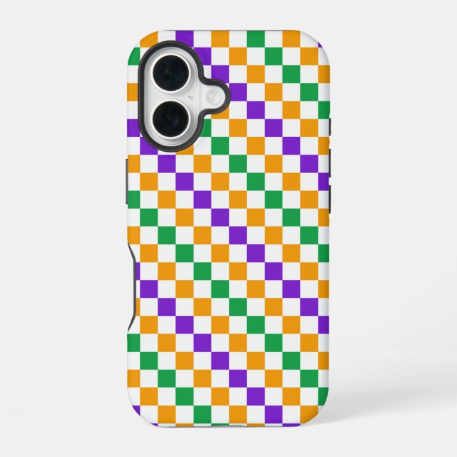 Mardi gras diagonal checkerboard pattern iPhone 16 case (Back)