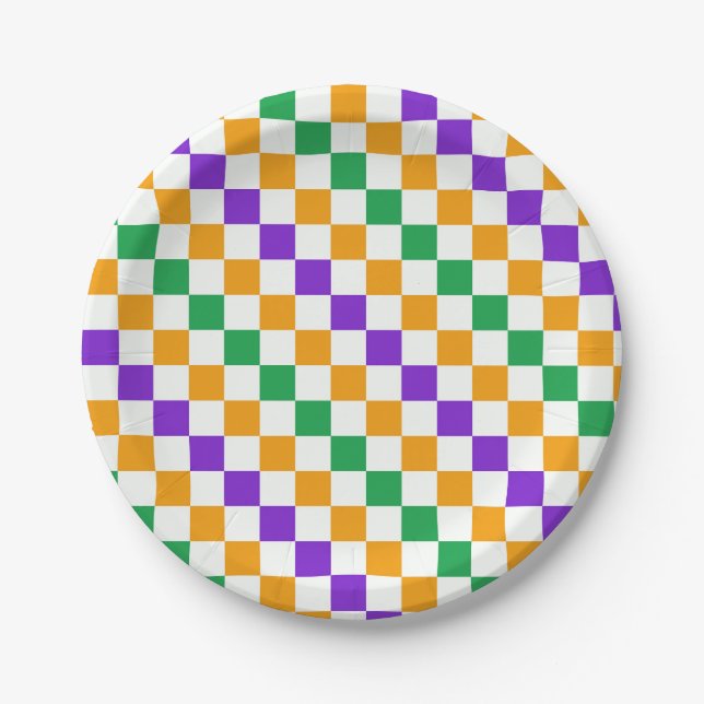 Mardi gras diagonal checkerboard pattern paper plate (Front)