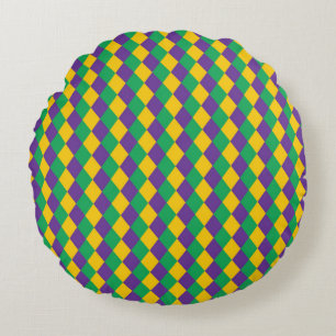Mardi Gras Diamond Seamless Pattern. Violet, Yello Round Cushion