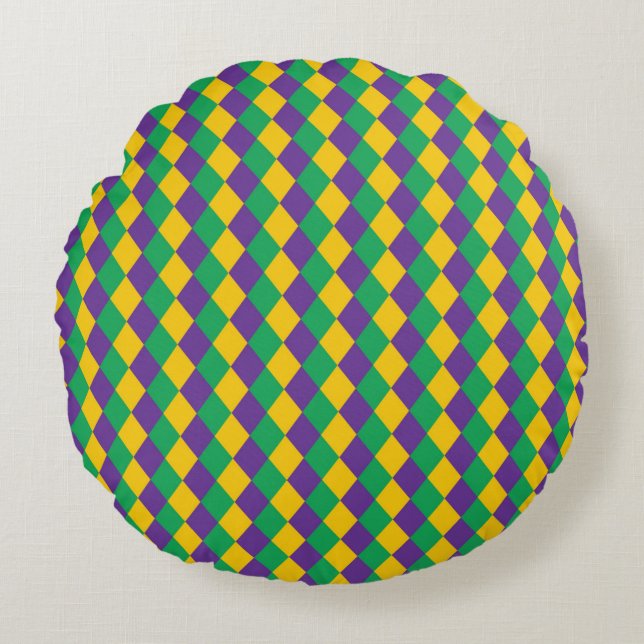 Mardi Gras Diamond Seamless Pattern. Violet, Yello Round Cushion (Front)