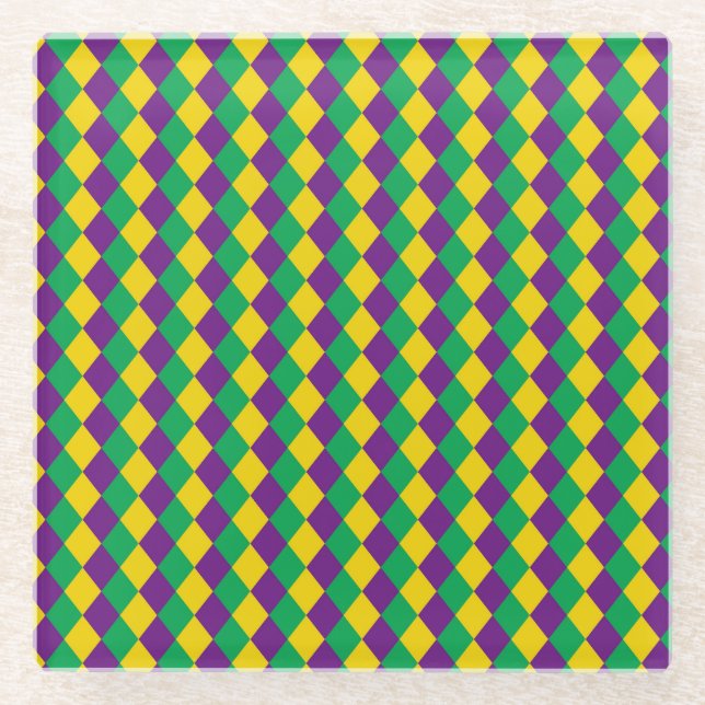 Mardi Gras Diamonds: Vibrant Festive Pattern Glass Coaster (Front)