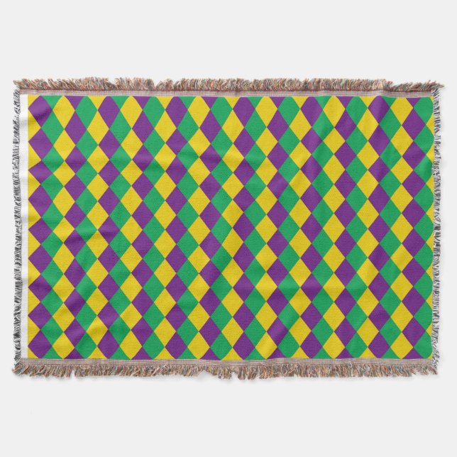 Mardi Gras Diamonds: Vibrant Festive Pattern Throw Blanket (Front)