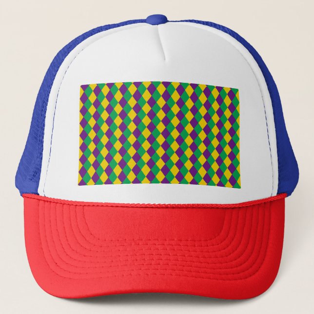 Mardi Gras Diamonds: Vibrant Festive Pattern Trucker Hat (Front)