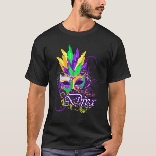 Mardi Gras Diva Feather Mask Purple Green T-Shirt (Front)