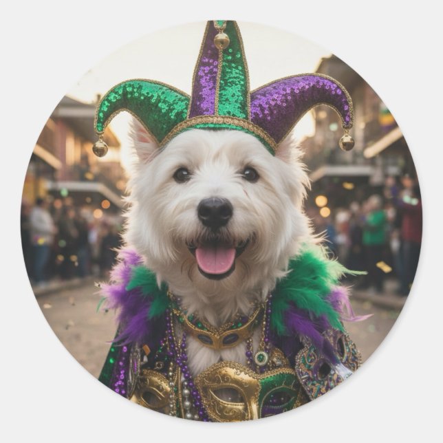 Mardi Gras Dog Jester Costume Classic Round Sticker (Front)