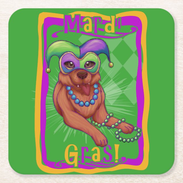 Mardi Gras Dog Square Paper Coaster (Front)