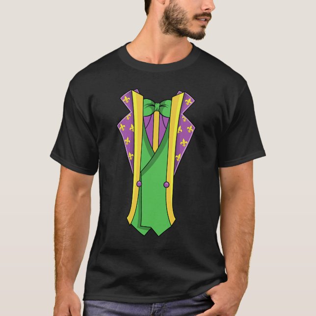 Mardi Gras Drinking Fake Suit Jacket Fleur De Lis T-Shirt (Front)