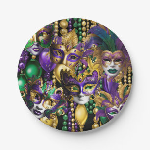 Mardi Gras Fat Tuesday Green Purple Masks Beads Paper Plate
