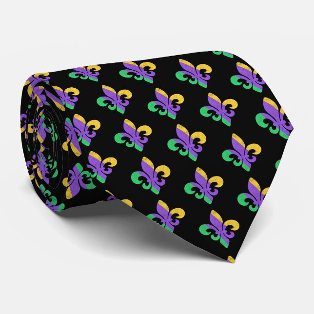 Mardi Gras Fat Tuesday Purple Green Fleur De Lis Tie (Rolled)