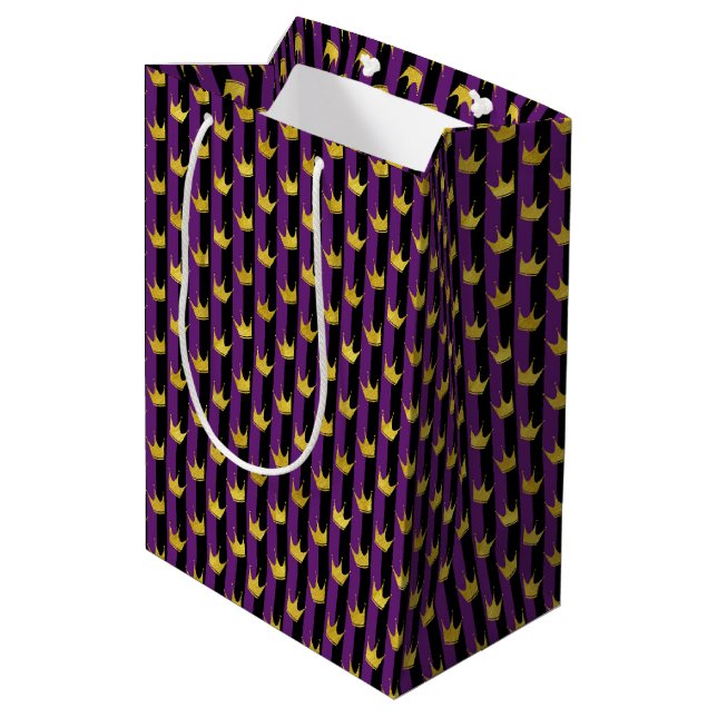 Mardi Gras Faux Gold Crowns Purple Black Stripes Medium Gift Bag (Back Angled)