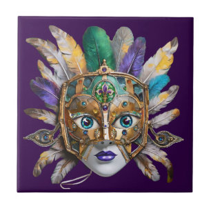 Mardi Gras Feather and Metal Mask Ceramic Tile
