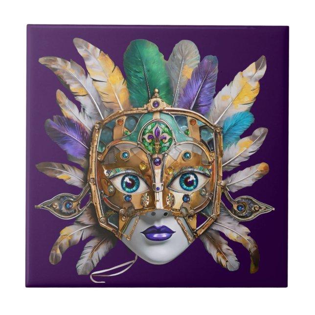 Mardi Gras Feather and Metal Mask Ceramic Tile (Front)