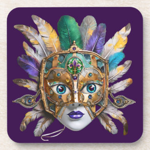 Mardi Gras Feather and Metal Mask Coaster