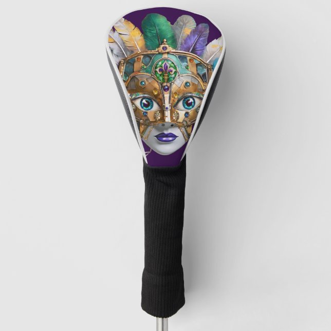 Mardi Gras Feather and Metal Mask Golf Head Cover (Front)