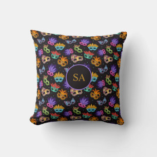Mardi Gras Feather Mask Purple Green Blue Star Cushion