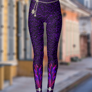Mardi Gras Feather Pendant Purple Glitter Leggings