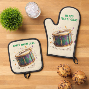 Mardi Gras Festive Drum Oven Mitt & Pot Holder Set