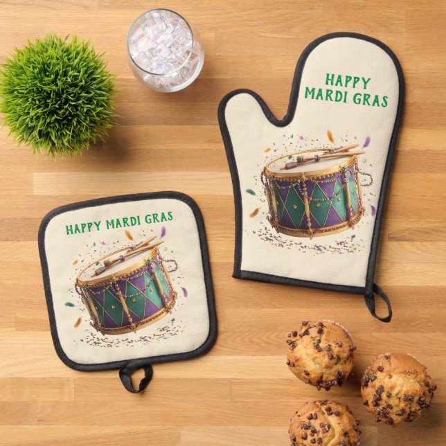 Mardi Gras Festive Drum Oven Mitt & Pot Holder Set (Top Down)